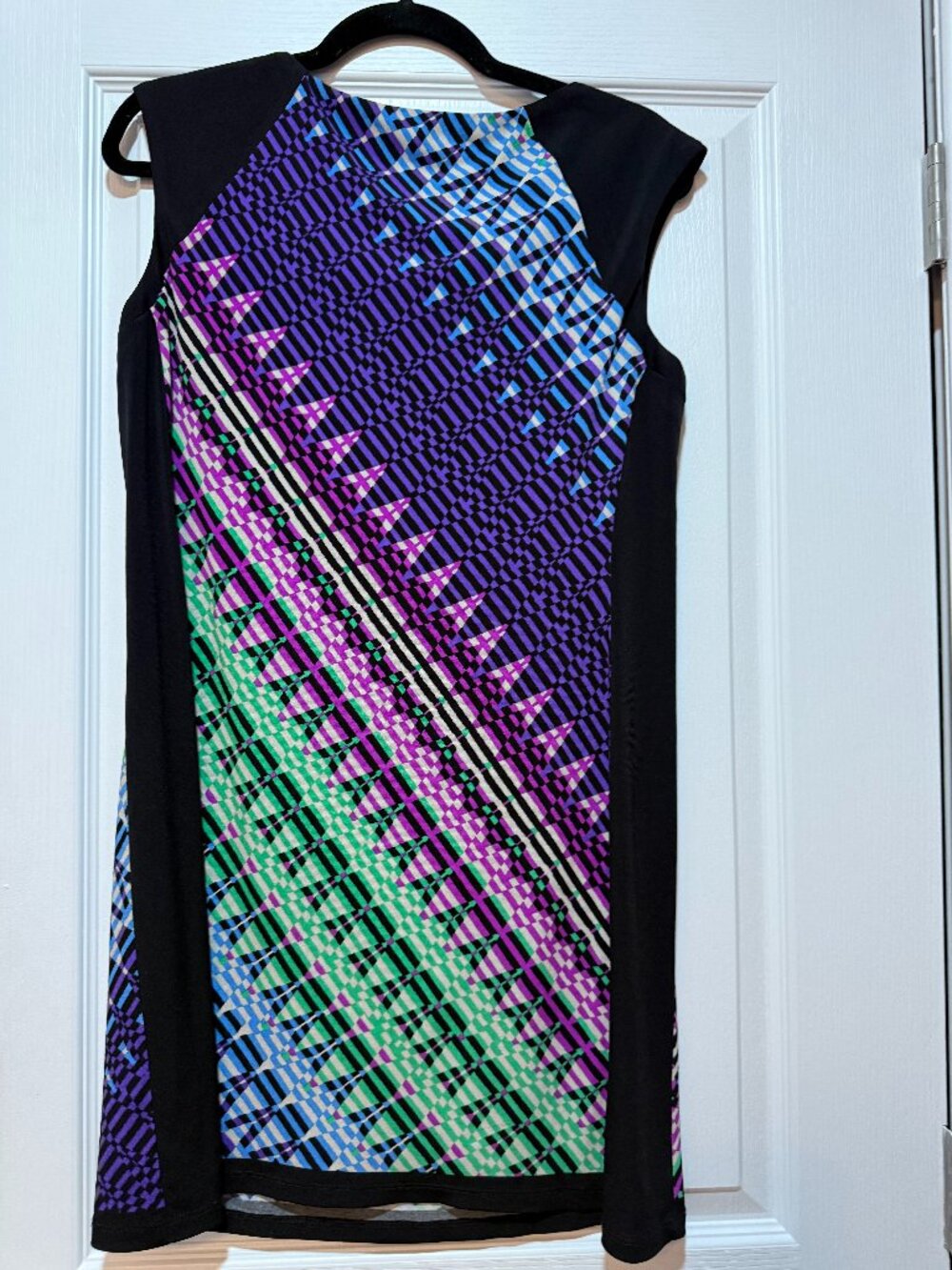 London Times Petite 12P Geometric Shift Dress Black Purple Blue Green